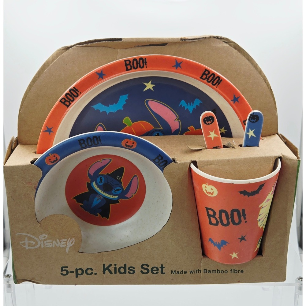 Disney Lilo & Stitch Halloween 5pc Kids Bamboo Dining Set Plate Bowl Cup Spoon
